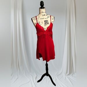 NWT Flamingo 🦩 Red Contrast Lacey Bow Decor Split Hem Cami Slip Dress Size 2X